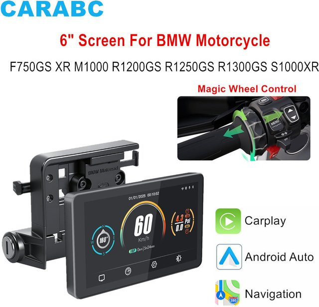 CARABC MB6 Wireless CarPlay und Android Auto Digitales Armaturenbrett Navigationsbildschirm für BMW Motorrad R1200GS R1250GS R1300GS, 6 Zoll, Schwarz - Bild 1
