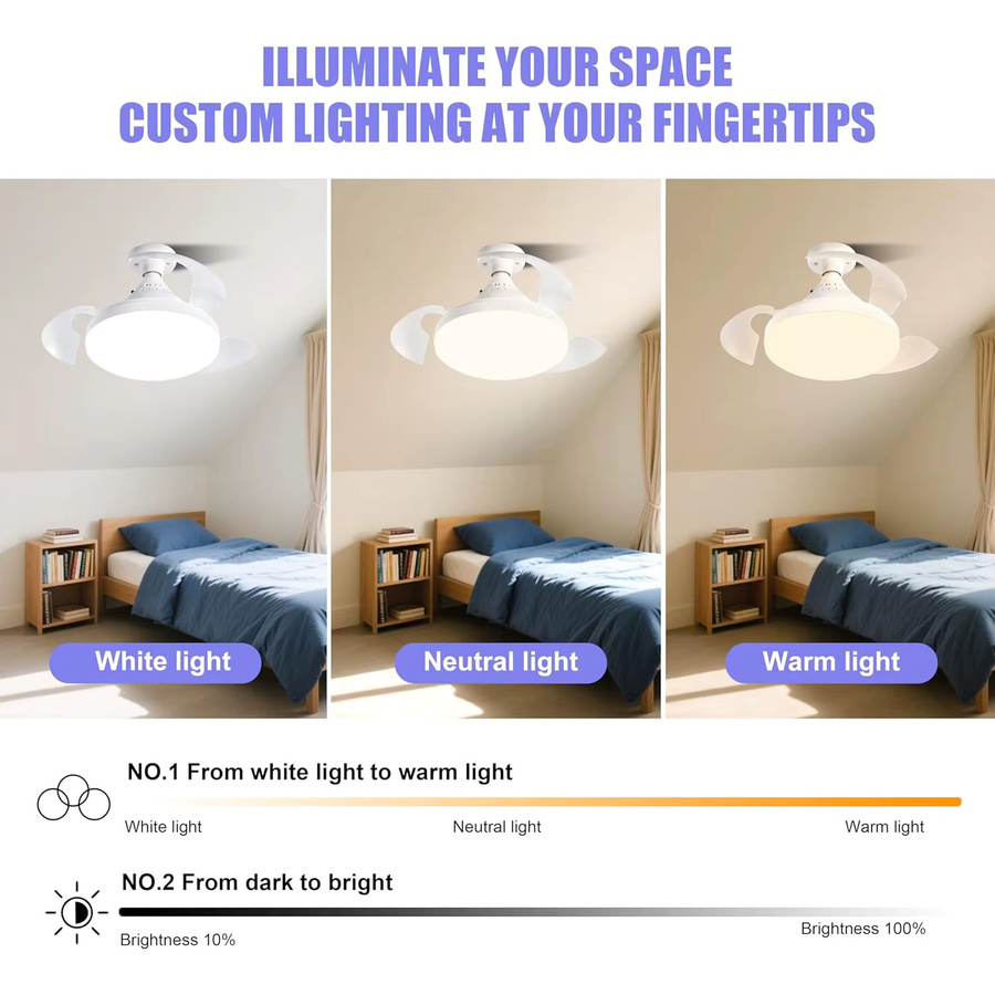 JOYINLED Deckenventilator mit LED-Beleuchtung und Fernbedienung, dimmbar, weiß, mit einziehbaren Flügeln und Glasabdeckung für Schlafzimmer - Bild 2