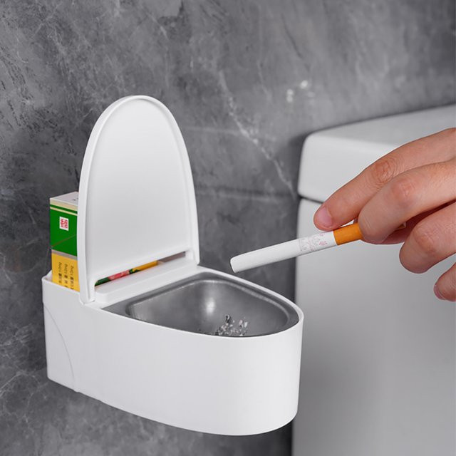 Wandmontierter Toilettenaschenbecher aus Kunststoff mit Deckel in Weiß, Höhe: 13,4 cm, Tiefe: 5,5 cm - Bild 1