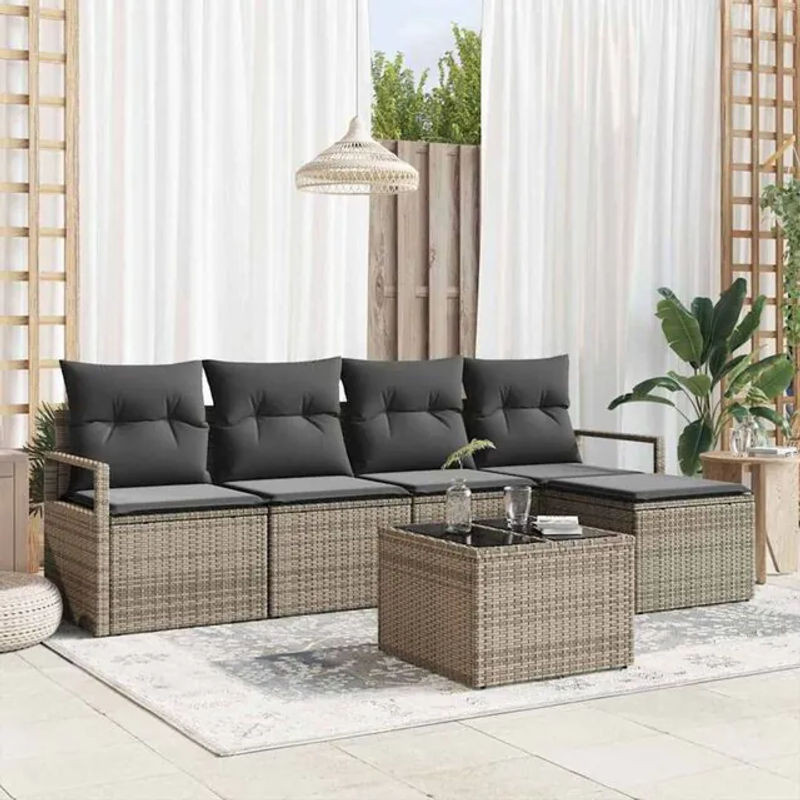 vidaxl Garten-Sofa-Set aus Rattan und Metall mit Kissen und Speicherfunktion, 6-teilig, Hellgrau - Bild 1
