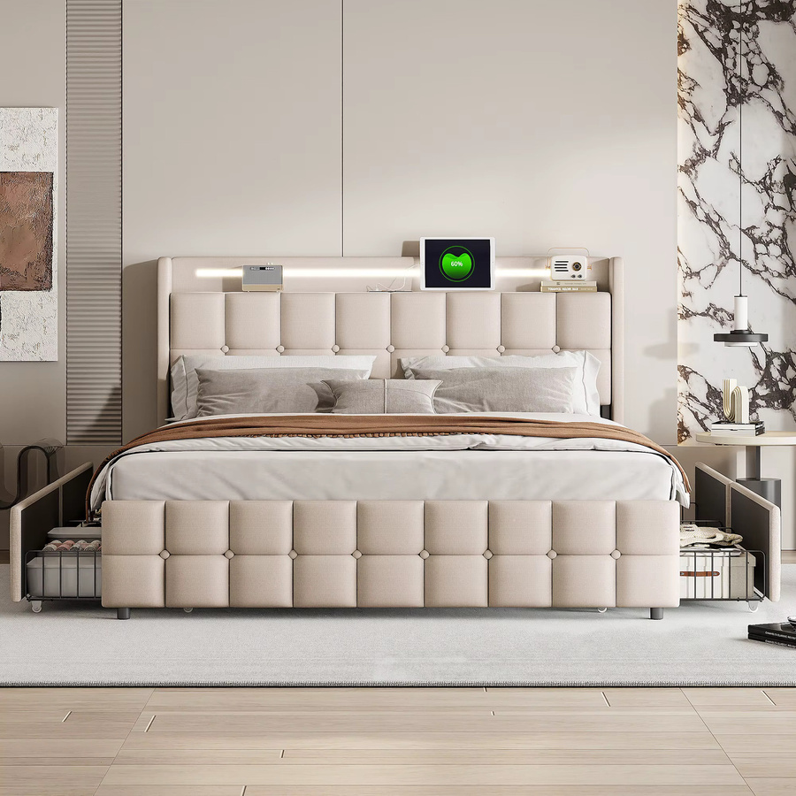 Superaly Polsterbett mit 4 Schubladen und Stauraum im Kopfteil aus Leinen in Beige, B/T: 160 x 200 cm - Bild 2