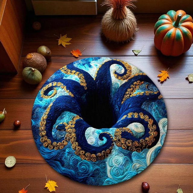 Deep Sea Kraken Illusion Teppich in Blau und Gold mit Ozeanabgrund-Motiv als runder Teppich - Bild 1