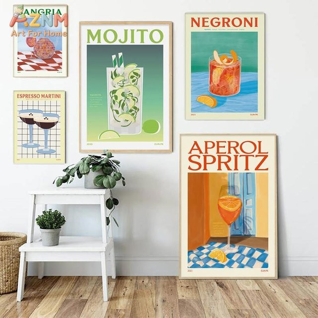 Modernes Leinwandgemälde Kayou mit Cartoon-Cocktails wie Mojito, Aperol Spritz und Sangria in Mehrfarbig für Bar und Heimdekoration - Bild 1