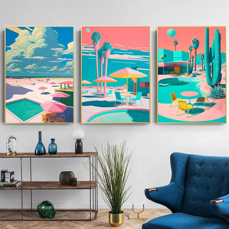 Potdemiel Retro Futuristische Beachside Palmen Wüste Schwimmbad Leinwand Wandkunst Mehrfarbig - Bild 2
