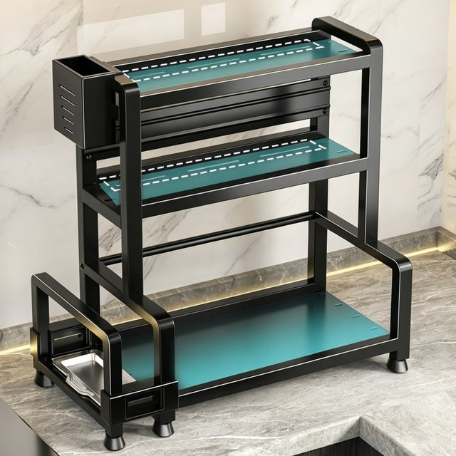 HGTUGO Mehrstöckiges Küchenregal aus Metall in Schwarz als Gewürzregal und Besteckorganizer - Bild 1