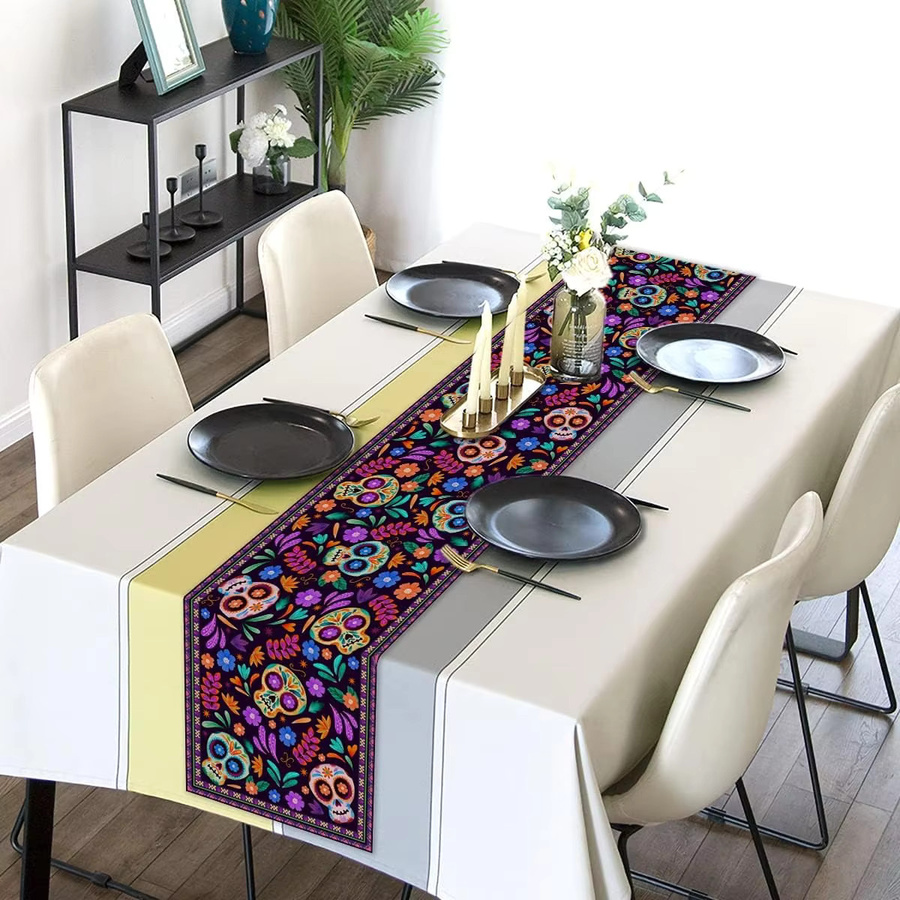 VIKAMA Tischläufer aus Leinen mit floralem Design für den Tag der Toten, Mehrfarbig, B/H: 183 x 33 cm - Bild 4