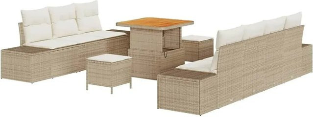 vidaXL Garten-Sofa-Set aus Poly Rattan und Stahl in Beige mit Kissen, 10-teiliges Lounge-Set mit Tisch, vier Seitensofas, drei Mittelplätzen und zwei Hockern - Bild 1