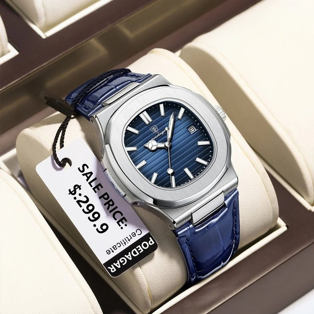 POEDAGAR Armbanduhr, Quarz, Leder, Blau, Herren - Bild 1