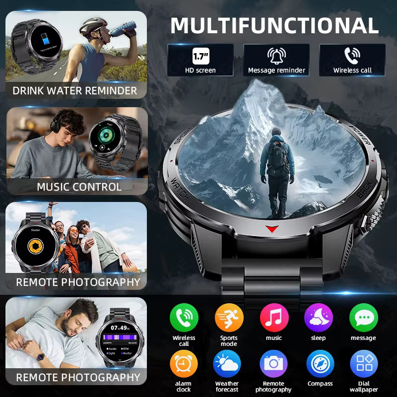 LIGE Smartwatch für Herren in Schwarz mit 1,7 Zoll Display, Bluetooth-Anruffunktion, Sprachassistent und 3ATM Wasserdichtigkeit - Bild 2