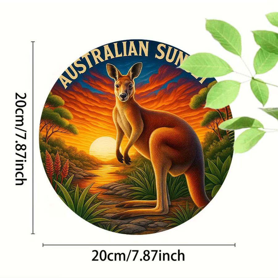 Potdemiel Metallwandkunst Vintage Australischer Sonnenuntergang mit Känguru und Eukalyptus, rundes Aluminiumschild, Durchmesser: 20 cm - Bild 2
