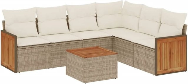 vidaXL 7-tlg. Garten-Sofagarnitur in L-Form aus Polyrattan mit Kissen und Couchtisch, Beige - Bild 1