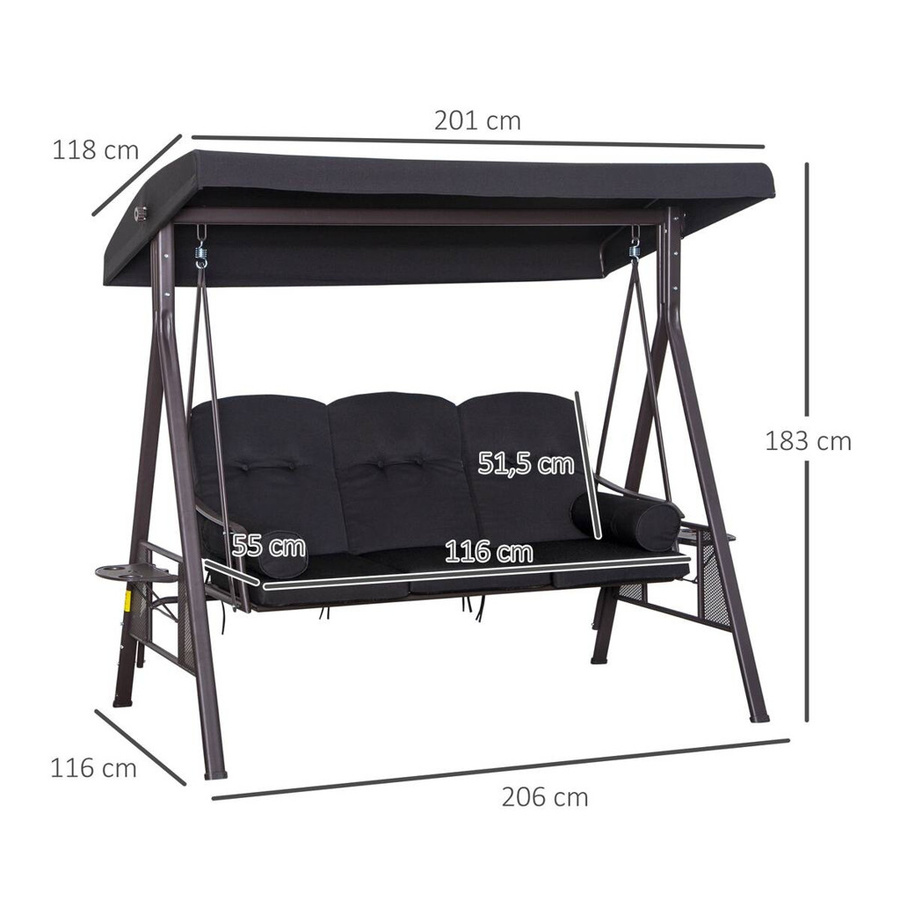 Outsunny Hollywoodschaukel aus Metall mit Sonnendach und Kissen in Schwarz, B/H/L: 116 x 183 x 206 cm - Bild 3