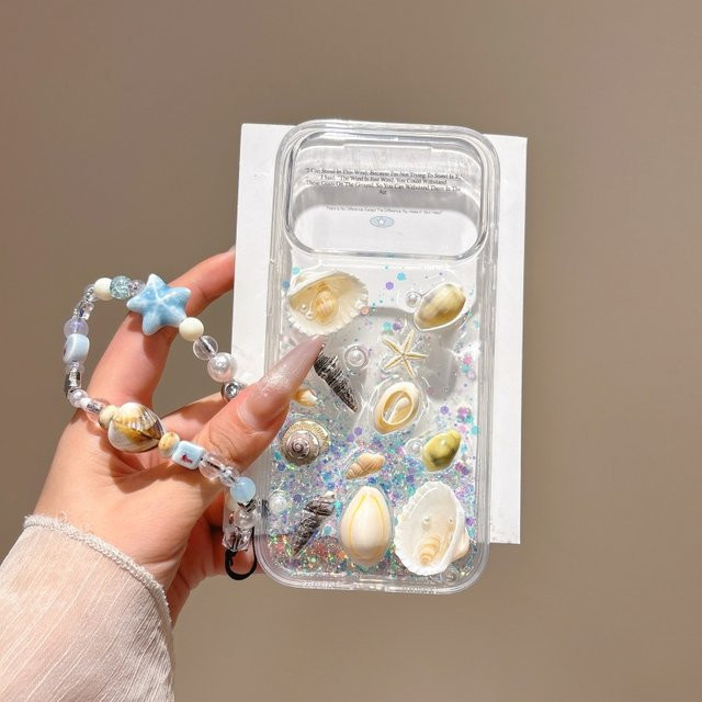 Deluxe 3D Glänzende Strandmuschel Handyhülle für Apple iPhone 17 16 15 14 13 Pro Max, Stoßfeste Hülle mit Trageriemen, transparent - Bild 1