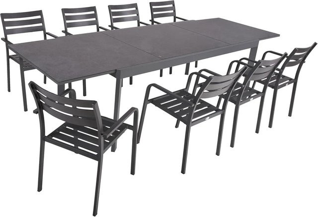 DELUKE Garten-Sitzgruppe EGON 9-teilig aus Kunststoff und Aluminium in Grau mit Glastisch und ausziehbarer Essgruppe - Bild 1