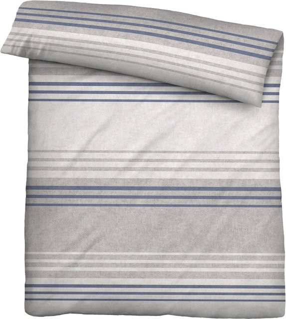 Biberna Bettwäsche aus Baumwolle in Flanell mit Streifenmuster in Blau und Grau - Bild 1