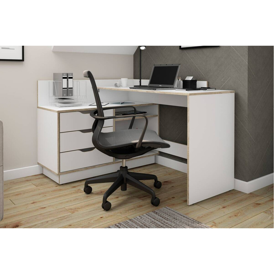 Winkelschreibtisch byLIVING BELFAST in Eiche und Weiß, B/H/T: 129 x 83,5 x 105 cm - Bild 2