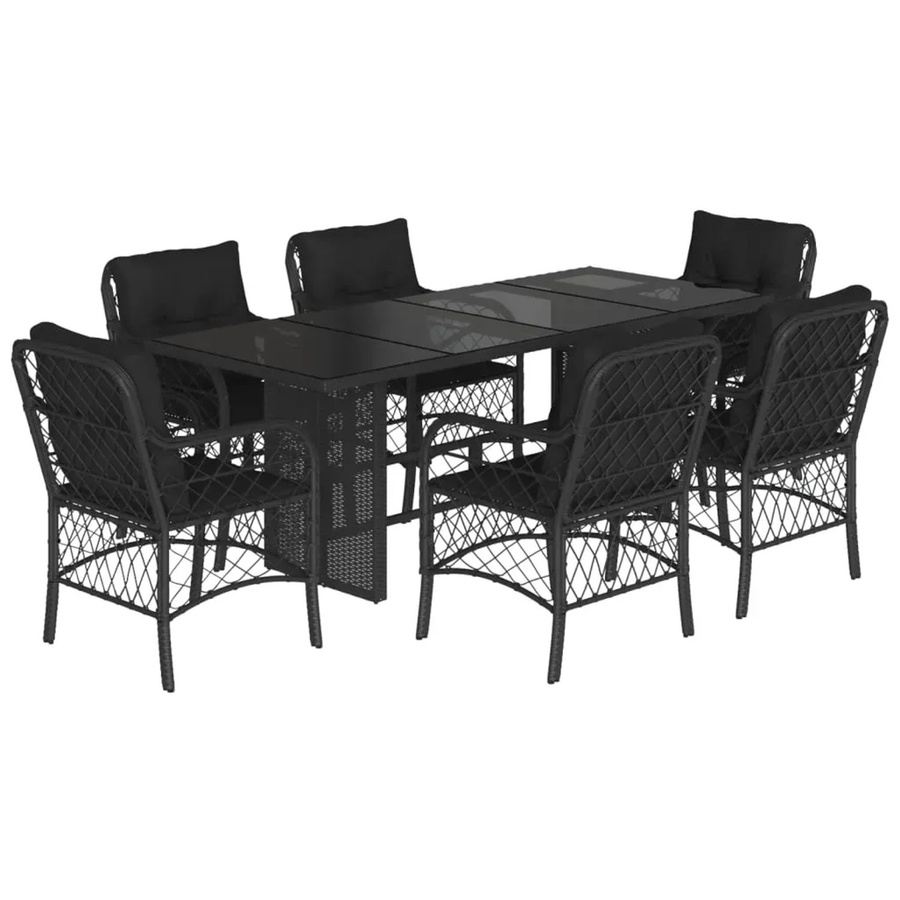 vidaXL 7-teilige Garten-Essgruppe aus Poly Rattan in Schwarz mit Kissen und Hartglas-Tischplatte - Bild 2