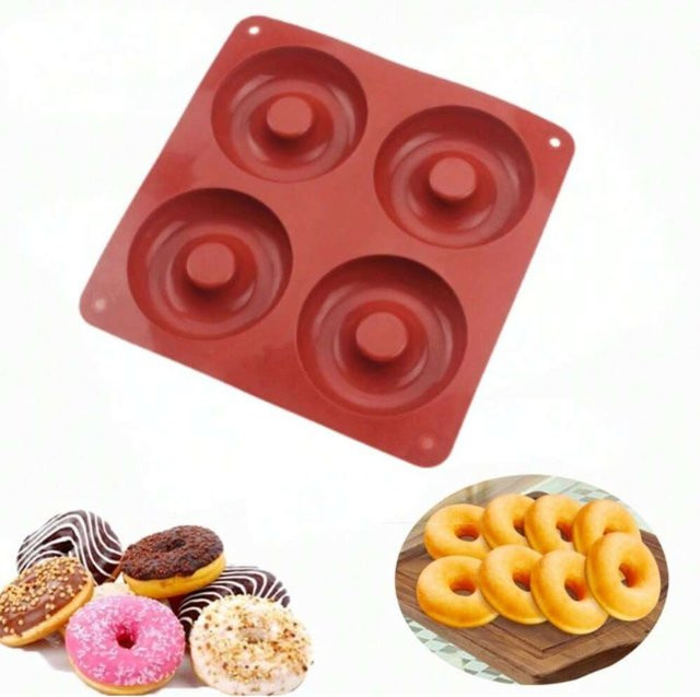 Silikonform für Donuts mit 4 Löchern, hochtemperaturbeständig, ideal für Kuchen, Pudding, Gelee und Schokolade, rot und braun - Bild 1