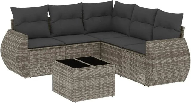 vidaXL 6-teilige Garten-Sofagarnitur in L-Form aus grauem Poly-Rattan mit Kissen und pulverbeschichtetem Stahlgestell - Bild 1