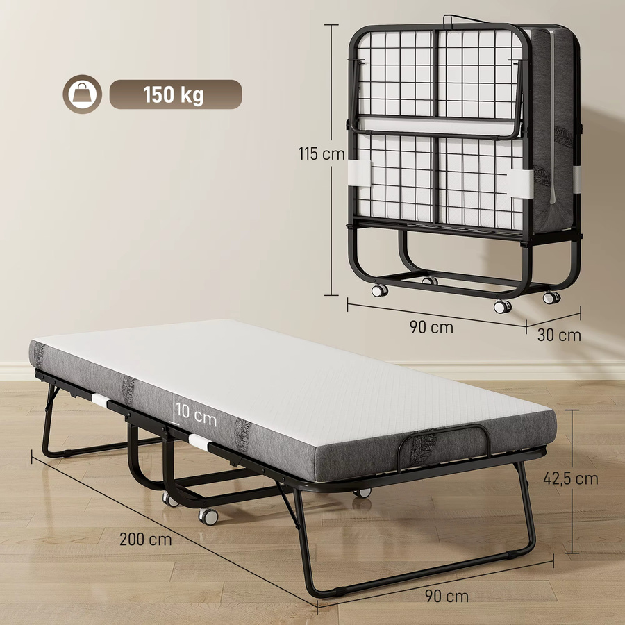 HOMCOM Klappbett für Erwachsene in Grau mit 10 cm dickem Schaumstoff und Stahlrahmen, B/T/H: 90 x 200 cm - Bild 3