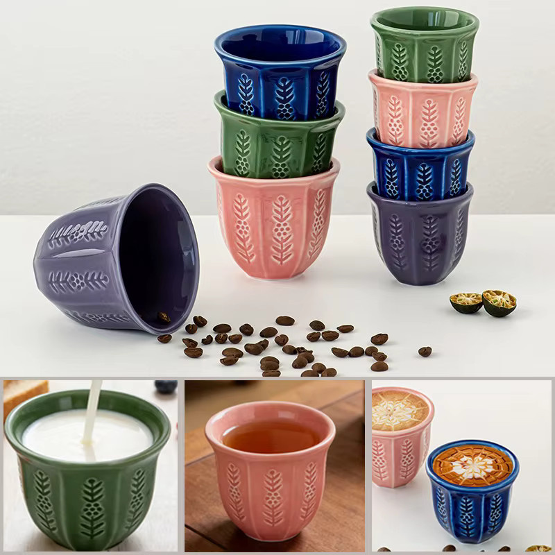 Arabische Keramik-Kaffeetasse mit Tulpen-Prägung in Blau für Tee, Cappuccino oder heiße Schokolade, 100 ml - Bild 3