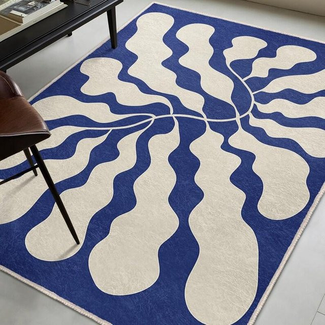 Moderner quadratischer Teppich JGJG mit abstraktem Wellendesign in Blau, B/B: 160 x 200 cm - Bild 1