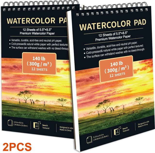 2er Set A5 Aquarell-Skizzenbuch mit kaltgepresstem Aquarellpapier, 300gsm, spiralgebunden - Bild 1
