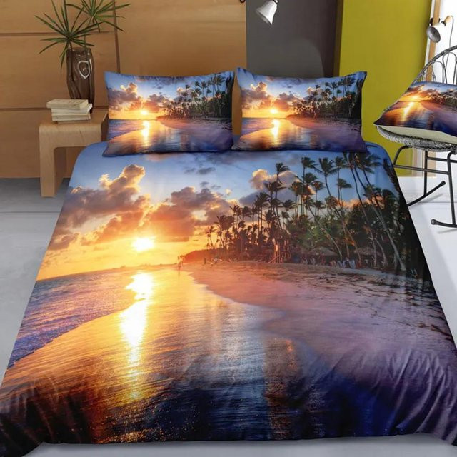 Queen Ocean Bettwäsche-Set mit Meeresleben und Palmen-Print, Mikrofaser, Mehrfarbig, B/H: 172 x 218 cm - Bild 1