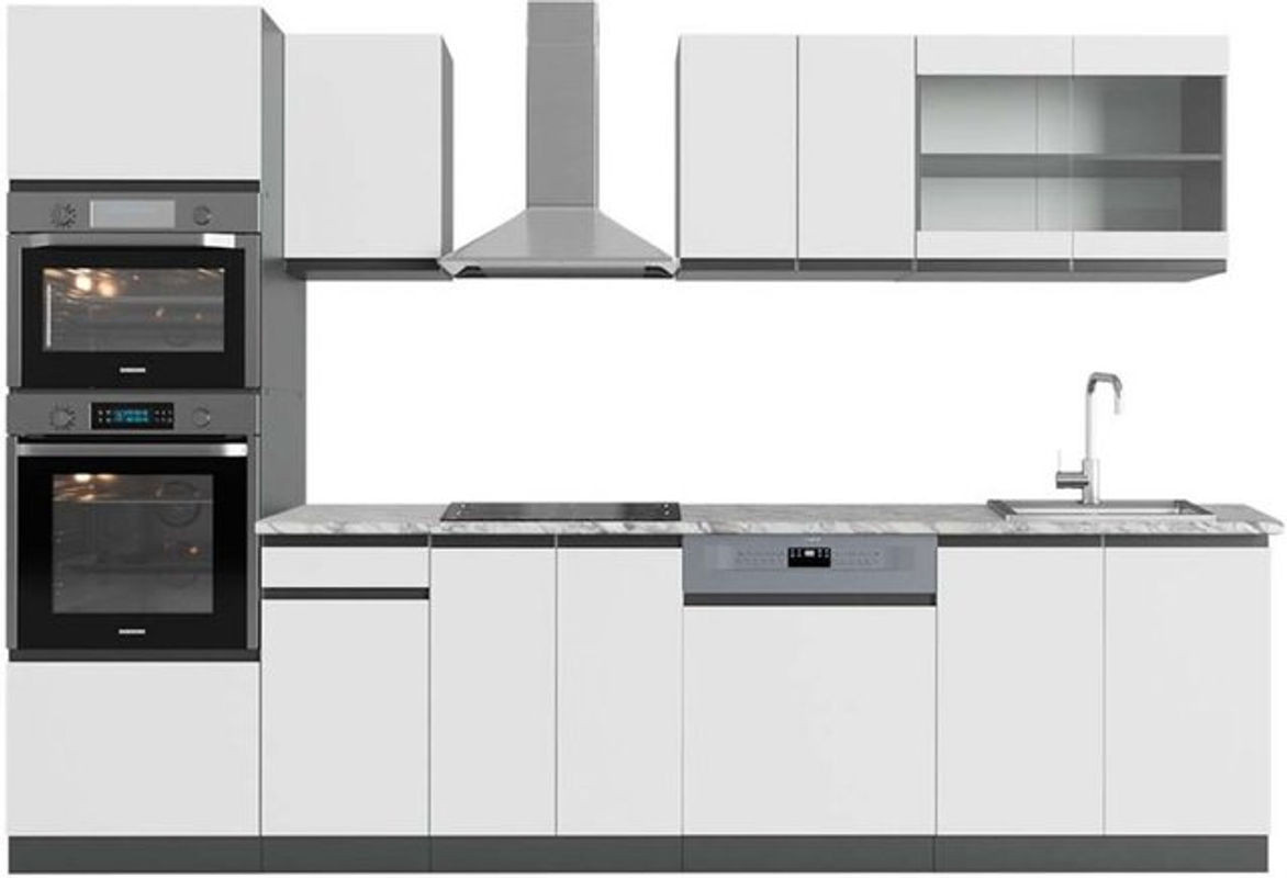 Vicco Küchenzeile R-Line in Weiß und Anthrazit mit Hochschrank und Marmor-Optik, Breite: 300 cm, Höhe: 207 cm, Tiefe: 60 cm - Bild 1