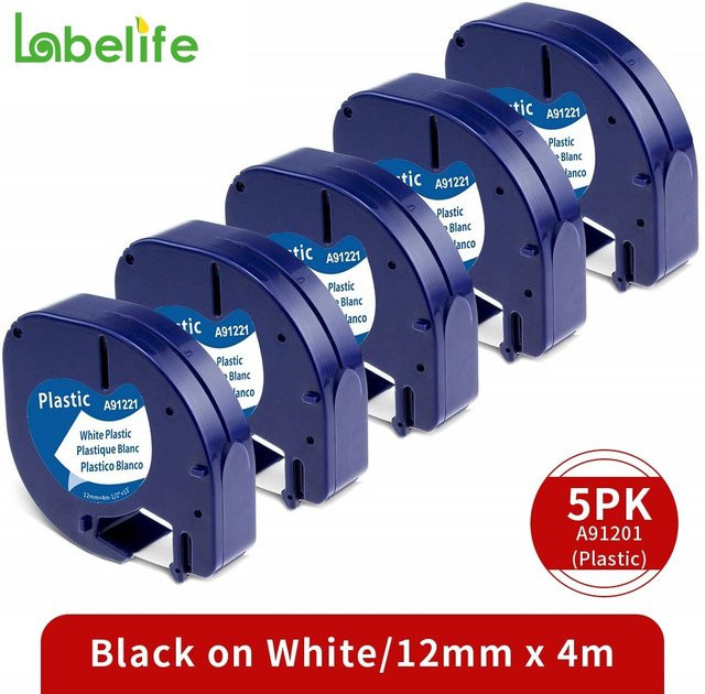 Dymo Letratag Label Maker Tape Nachfüllungen 5er Pack, Weiß mit schwarzer Schrift, 12mm, kompatibel mit LT-100H und LT-100T Plus - Bild 1