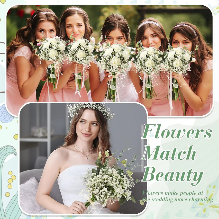 30 Stück künstliche Blumen Set mit Eukalyptusblättern und Schleierkraut in Grün und Weiß für deine Dekoration bei Hochzeit oder Weihnachten - Bild 4
