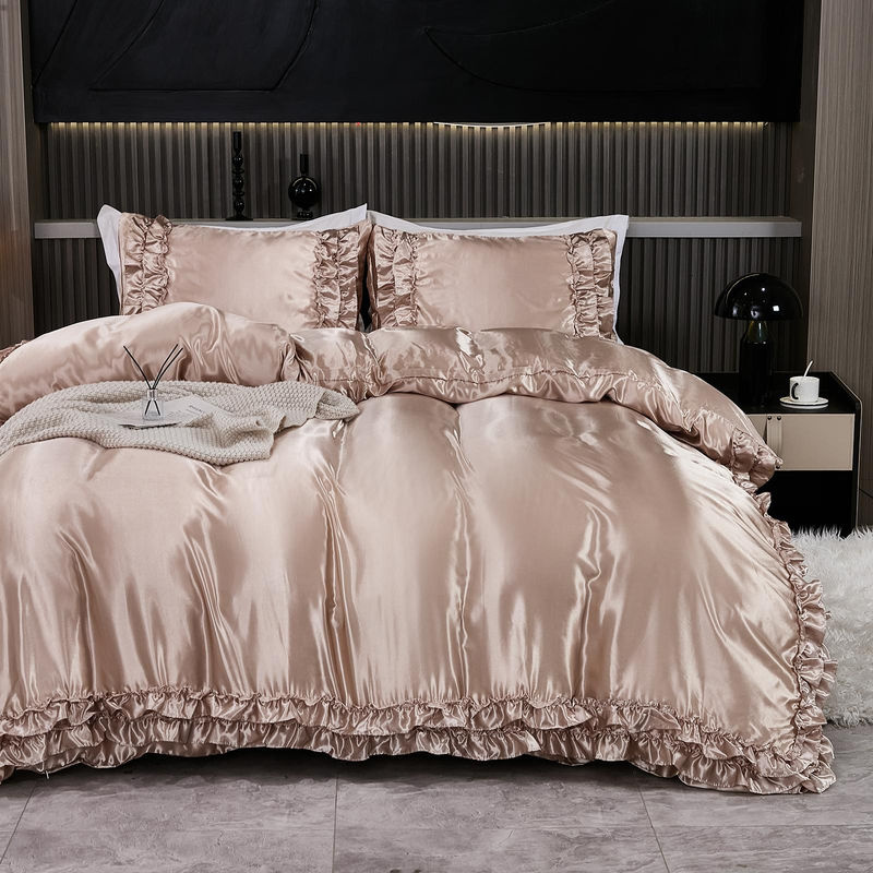 3-teiliges Satin-Bettwäsche-Set Bin Chi Textiles mit Rüschenmuster in Khaki und Rosa, B/H: 160 x 220 cm - Bild 2
