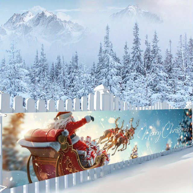 VIKAMA Weihnachtsbanner mit Weihnachtsmann und Rentier als hängende Dekoration für Outdoor und Zuhause aus Polyester, Breite: 180 cm, Höhe: 35 cm - Bild 1
