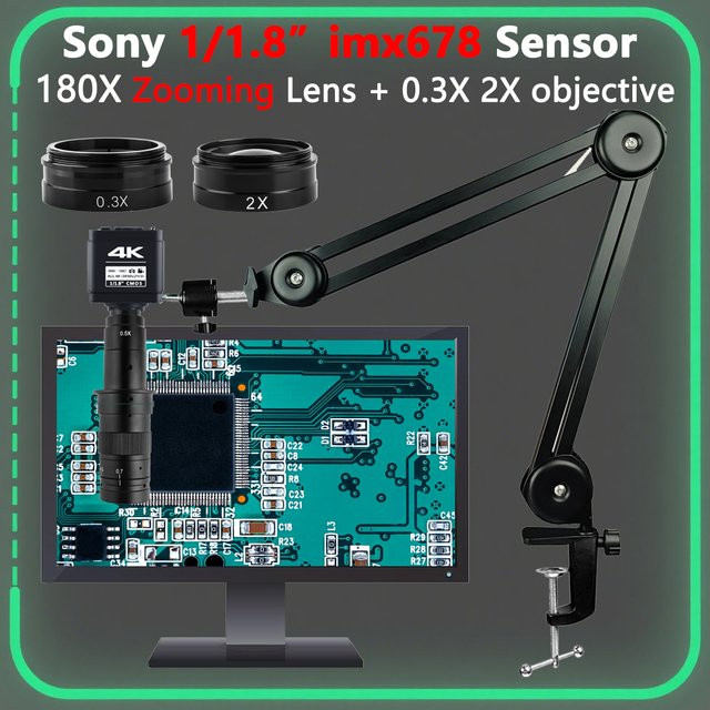 YIZHAN 4K Elektronisches Digitalmikroskop mit 1/1,8' IMX678 Sensor, Mikroskopkamera mit 180X Zoomobjektiv und Gelenkarm, Schwarz - Bild 1