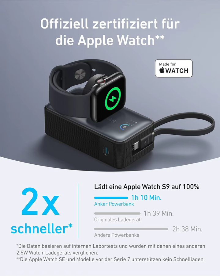 Anker MagGo Powerbank für Apple Watch, 10.000mAh kompaktes Akkupack mit integriertem USB-C-Kabel, 35W, Schwarz - Bild 2