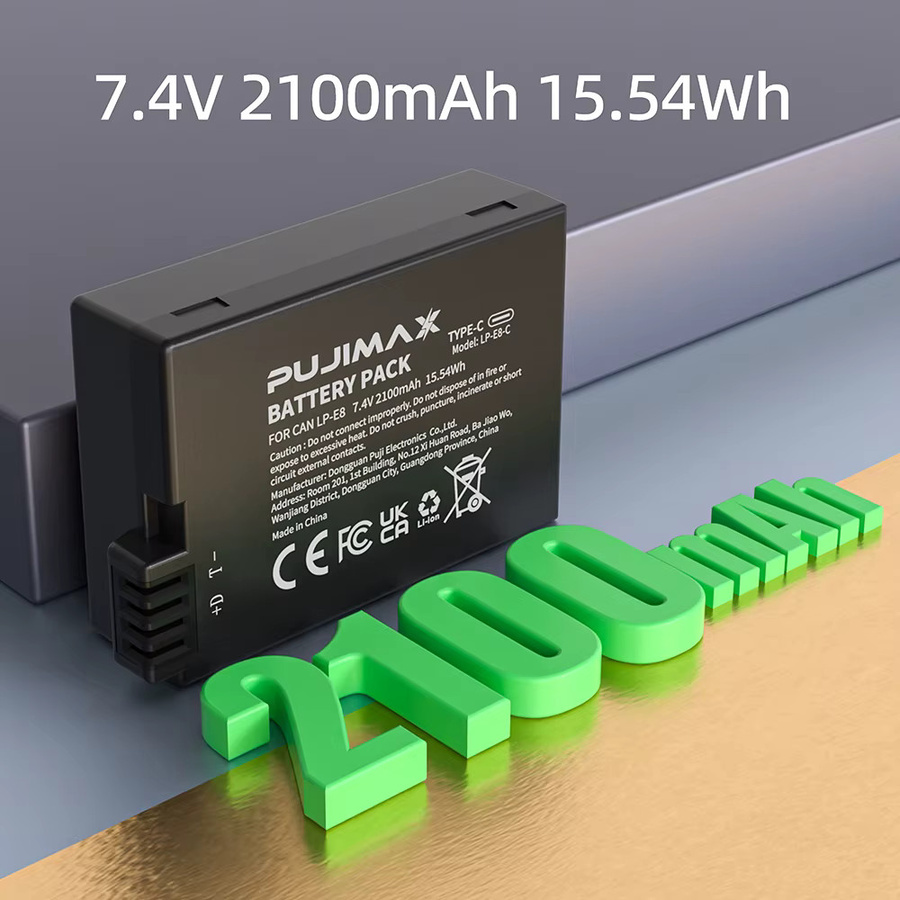 PUJIMAX LP-E8 Kamera-Akku mit USB-C-Eingang, 2100mAh, Schwarz, kompatibel mit Canon EOS 550D 600D 650D 700D Rebel T2i T3i T4i T5 - Bild 3