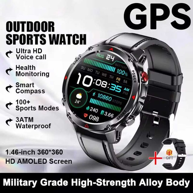 Lucky Start T-Rex 3 Pro Smartwatch für Herren mit AMOLED Display, Dual-Band GNSS, AGPS, 10ATM Wasserdicht, Kompass und Höhenmesser, Farbe: Schwarz, Lederarmband - Bild 1