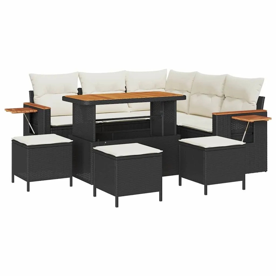vidaXL Gartensofa-Set L-Form in Schwarz und Beige mit 9 Kissen, Ecksofa, Ottoman und Couchtisch aus Metall und Akazienholz - Bild 2