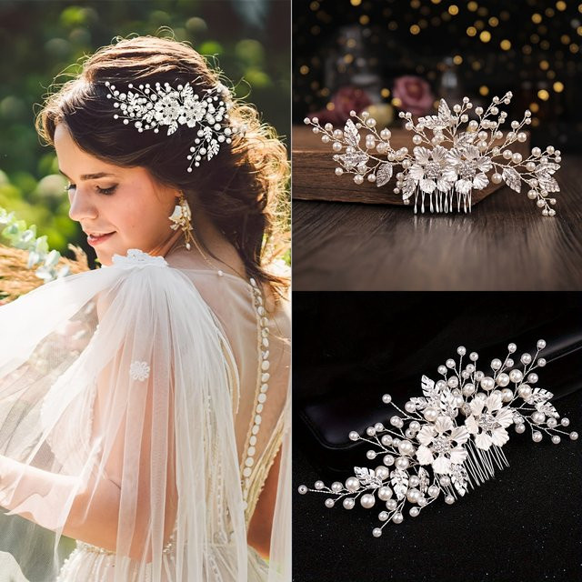 Haar Kamm Stirnband, Silber, Blume, Perle, Strass, Damen - Bild 1