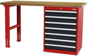 STIER Reihenwerkbank mit höhenverstellbarer Arbeitsfläche und Schrankgehäuse, Farben: Rot und Grau, B/T/H: 150 x 60 x 86 cm - Bild 1