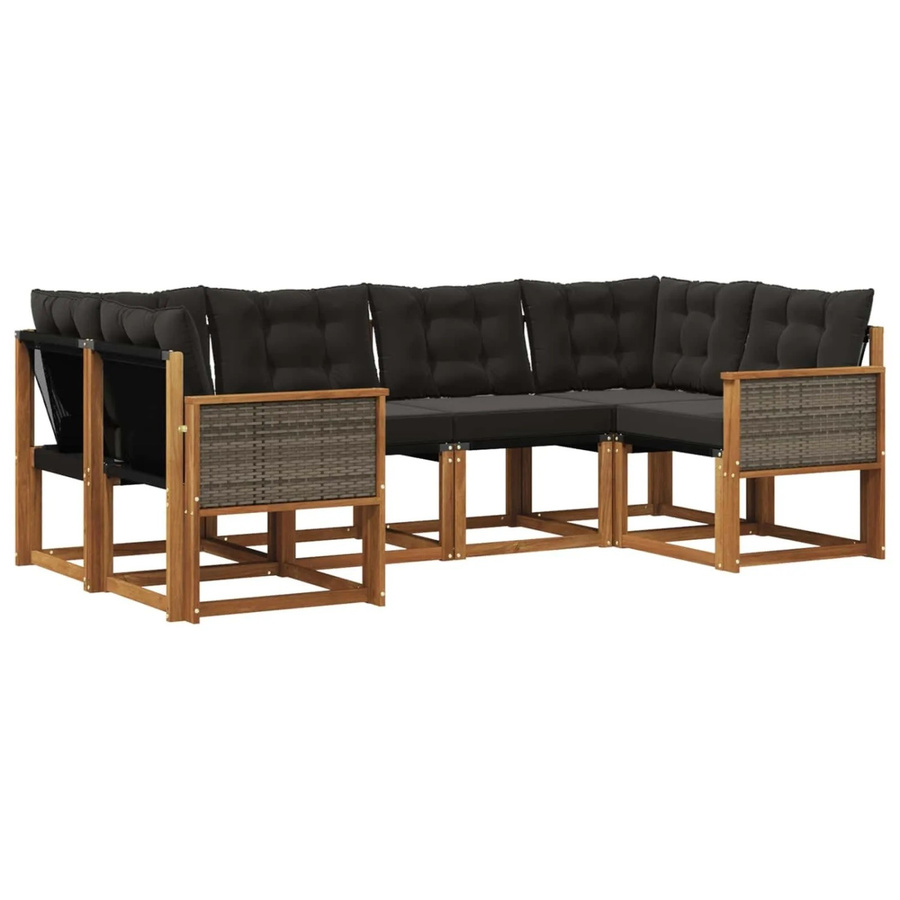 vidaXL Outdoor-Sofagarnitur L-Form aus Akazienholz und Textilene mit 6 Kissen in Schwarz und Natur - Bild 2