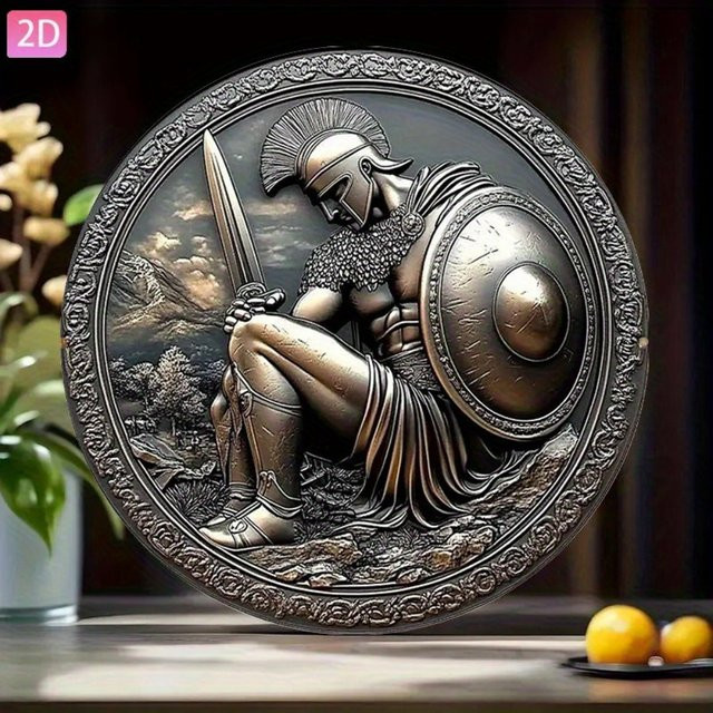 HELLOYOUNG Vintage Griechische Kriegerstatue Wanddekoration aus Metall mit Schwert und Schild, B/H: 20 x 20 cm - Bild 1