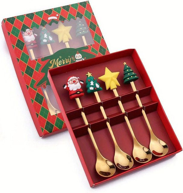Weihnachtslöffel von Love Home Garden aus Edelstahl in Gold mit Geschenkbox und Weihnachtsanhänger als Tee- oder Kaffeelöffel - Bild 1