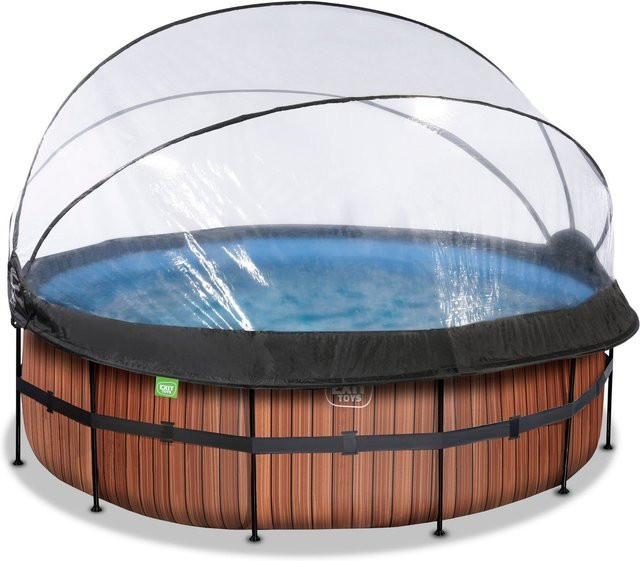 EXIT Wood Pool runder Rahmenpool Braun mit Sandfilterpumpe, Abdeckung, Wärmepumpe und Poolleiter Durchmesser: 427 cm, Höhe: 122 cm - Bild 1