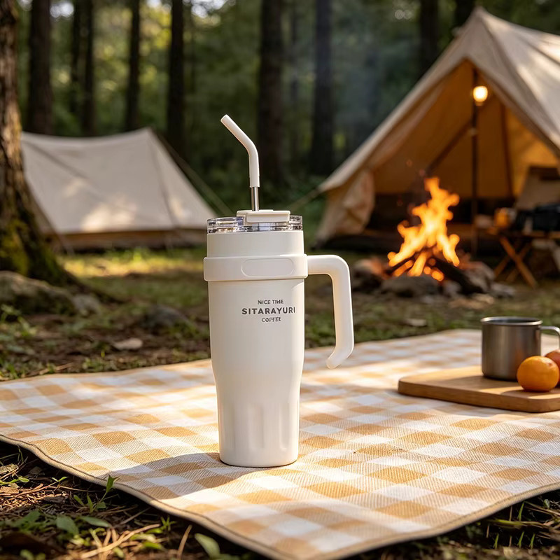 JUSTINLAU Edelstahl-Eisbecher mit Griff und Strohhalm, isolierter Thermobecher für Outdoor und Reisen, 1,1 l, Silber/Schwarz - Bild 2