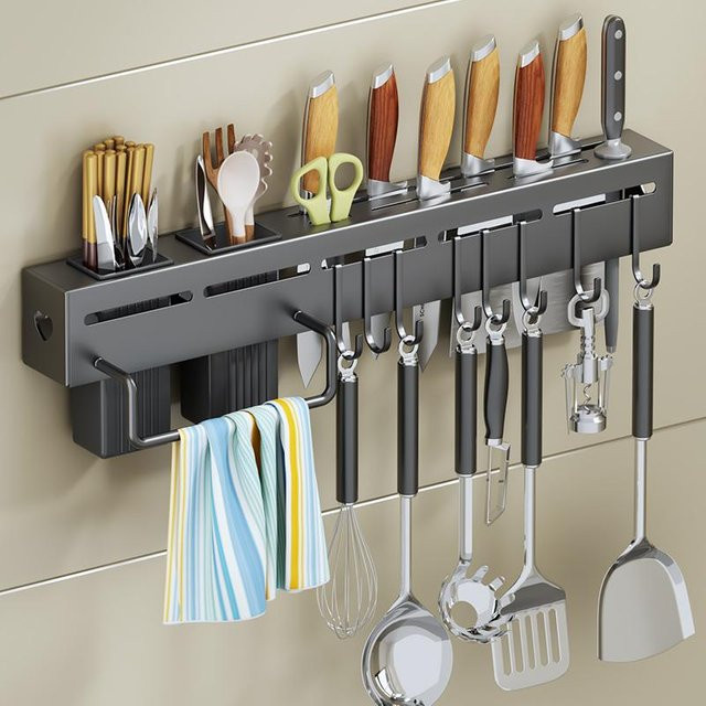 Yiran Furniture Wandmontiertes Küchen-Aufbewahrungsregal aus Edelstahl in Silber mit Haken und Halterungen - Bild 1