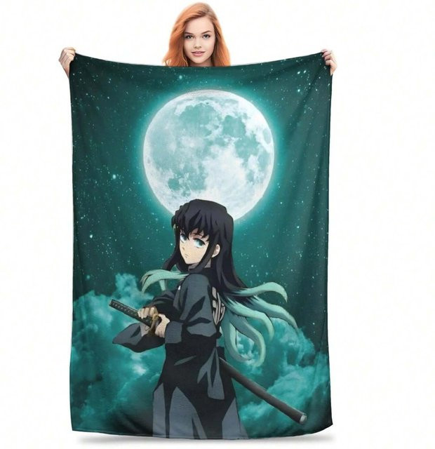 Muichiro Tokito Anime Fleece Decke, ultra-weiche Überwurfdecke in Grau und Blau, B/B: 100 x 150 cm - Bild 1
