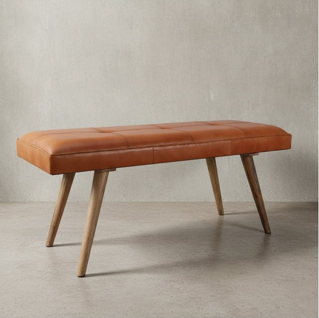 KADIMA DESIGN Retro-Sitzbank aus braunem Echtleder und massivem Holz, B/T/H: 117 x 38 x 51 cm - Bild 1