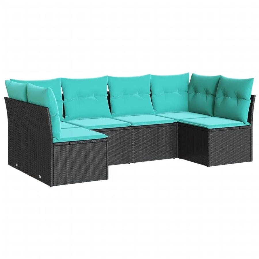 vidaXL 6-teilige Garten-Sofagarnitur in L-Form aus schwarzem Poly-Rattan mit blauen Kissen und pulverbeschichtetem Stahlgestell - Bild 2
