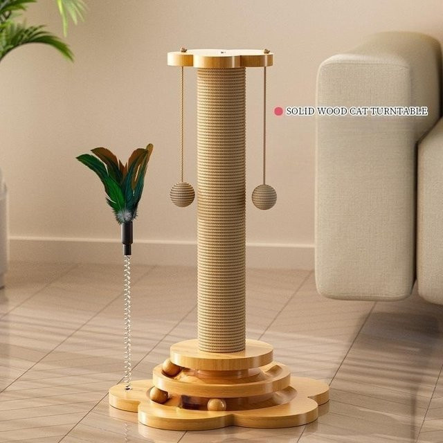 WHYY Katzenkratzpfahl aus Massivholz mit Sisal-Kratzbrett und Spielturnturm für Katzen, Braun - Bild 1